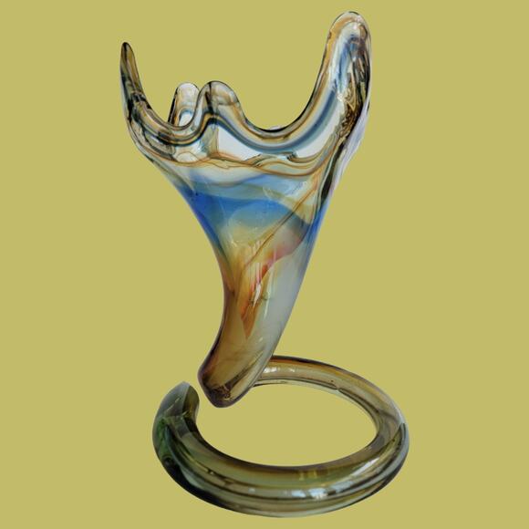 Vintage MCM 1960s Blue and Rust Sooner Art Glass Trumpet Vase - Picture 1 of 5